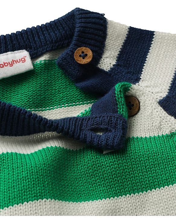 Babyhug Organic Cotton Knit Full Raglan Sleeves Pullover Striped Sweater Set with Cap & Patch Detailing - Navy Blue & Green