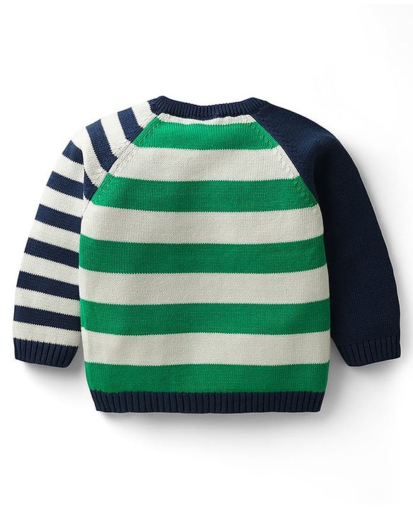 Babyhug Organic Cotton Knit Full Raglan Sleeves Pullover Striped Sweater Set with Cap & Patch Detailing - Navy Blue & Green