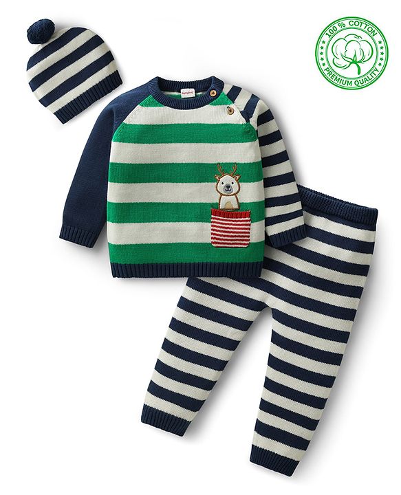 Babyhug Organic Cotton Knit Full Raglan Sleeves Pullover Striped Sweater Set with Cap & Patch Detailing - Navy Blue & Green