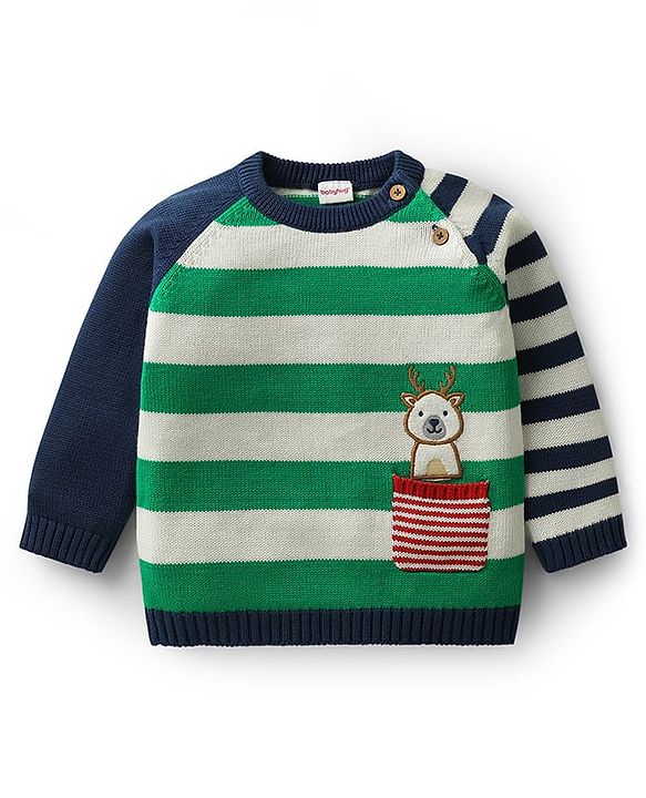 Babyhug Organic Cotton Knit Full Raglan Sleeves Pullover Striped Sweater Set with Cap & Patch Detailing - Navy Blue & Green