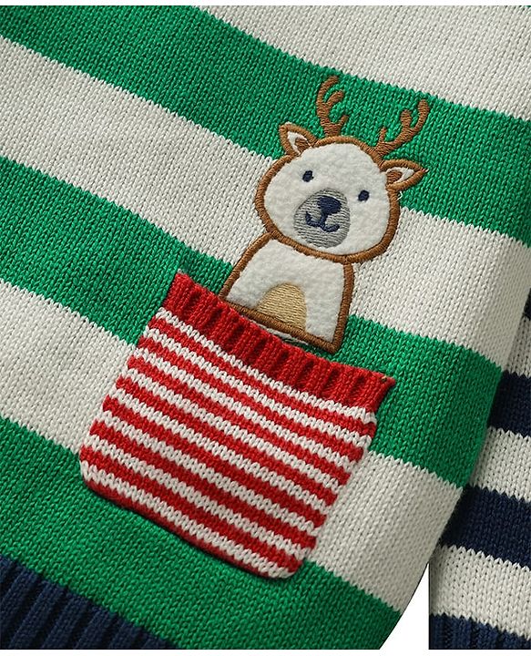 Babyhug Organic Cotton Knit Full Raglan Sleeves Pullover Striped Sweater Set with Cap & Patch Detailing - Navy Blue & Green