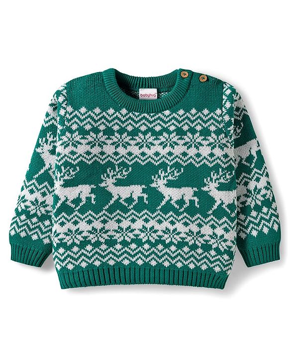 Babyhug Organic Cotton Knitted Full Sleeves Sweater Set With Deer Design & Cap - Green