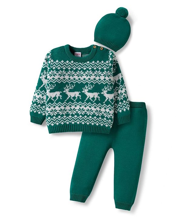 Babyhug Organic Cotton Knitted Full Sleeves Sweater Set With Deer Design & Cap - Green