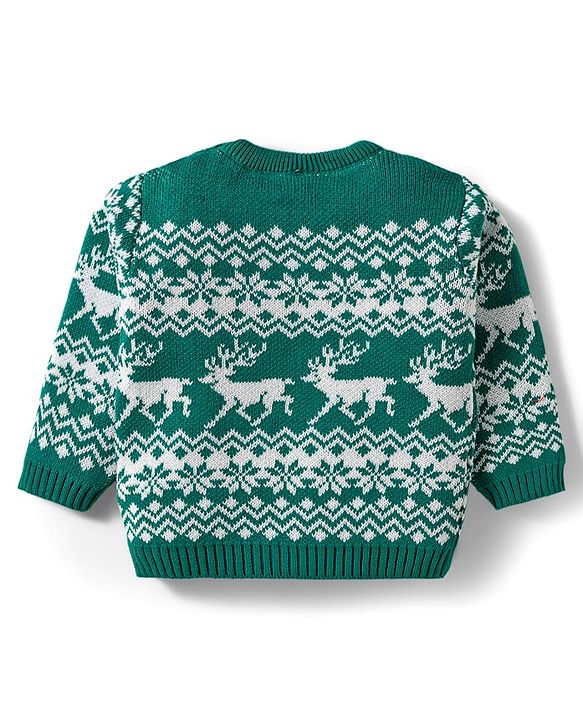 Babyhug Organic Cotton Knitted Full Sleeves Sweater Set With Deer Design & Cap - Green