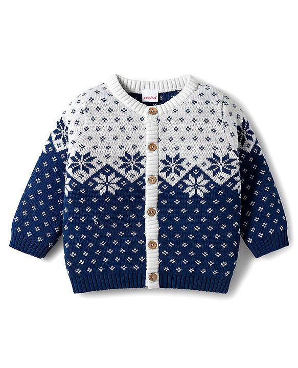 Babyhug Organic Cotton Knitted Full Sleeves Sweater Set With Floral Design & Cap - Navy Blue & White