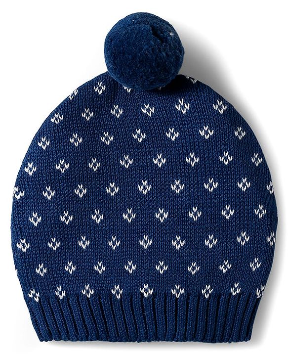 Babyhug Organic Cotton Knitted Full Sleeves Sweater Set With Floral Design & Cap - Navy Blue & White