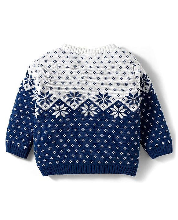 Babyhug Organic Cotton Knitted Full Sleeves Sweater Set With Floral Design & Cap - Navy Blue & White