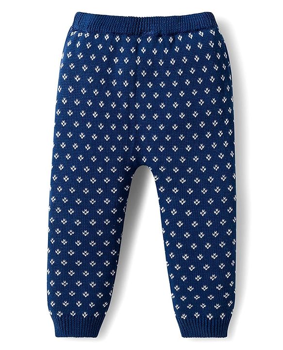 Babyhug Organic Cotton Knitted Full Sleeves Sweater Set With Floral Design & Cap - Navy Blue & White