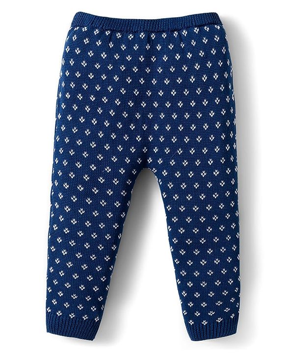 Babyhug Organic Cotton Knitted Full Sleeves Sweater Set With Floral Design & Cap - Navy Blue & White