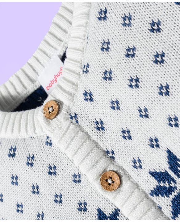 Babyhug Organic Cotton Knitted Full Sleeves Sweater Set With Floral Design & Cap - Navy Blue & White