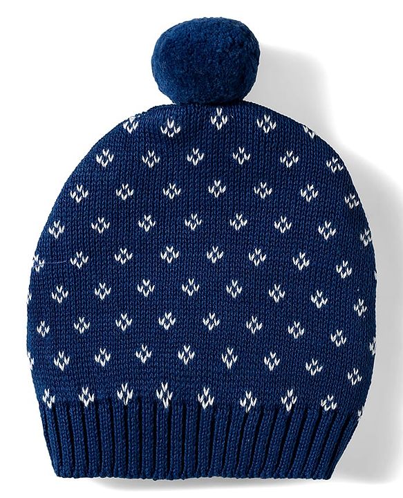 Babyhug Organic Cotton Knitted Full Sleeves Sweater Set With Floral Design & Cap - Navy Blue & White