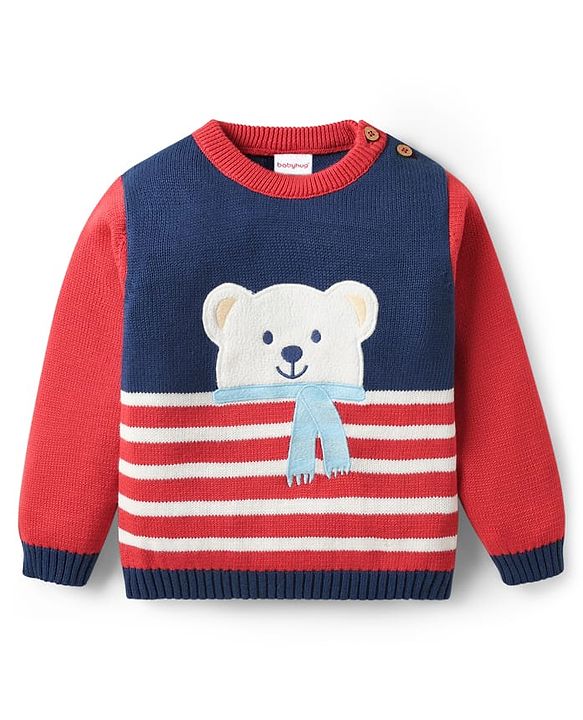 Babyhug Organic Cotton Knit Full Sleeves Sweater Sets with Cap & Panda Design - Red & Navy Blue
