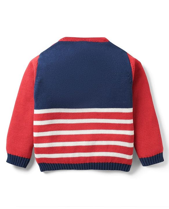 Babyhug Organic Cotton Knit Full Sleeves Sweater Sets with Cap & Panda Design - Red & Navy Blue