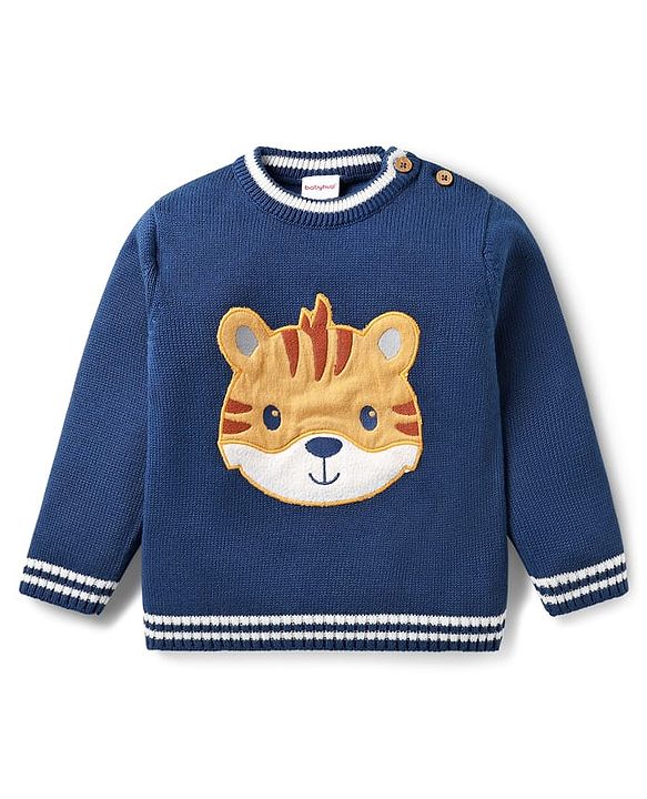 Babyhug Organic Cotton Knit Full Sleeves Sweater Sets with Cap & Tiger Design - Navy Blue