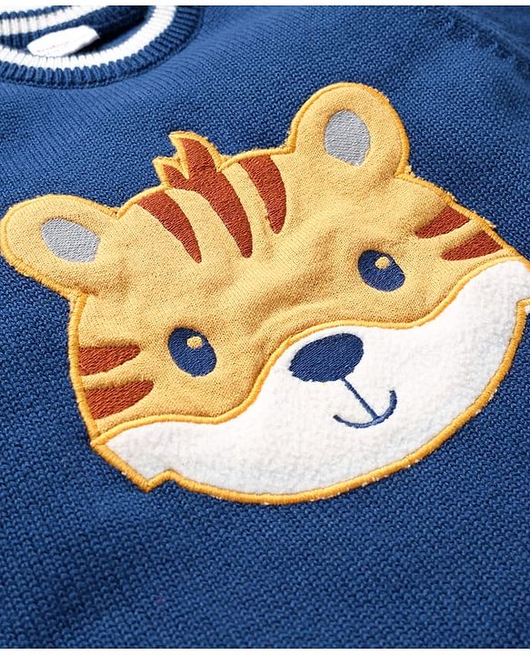 Babyhug Organic Cotton Knit Full Sleeves Sweater Sets with Cap & Tiger Design - Navy Blue