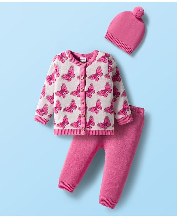 Babyhug Organic Cotton Knit Full Sleeves Front Open Sweater Set with Cap & Butterfly Design - Pink
