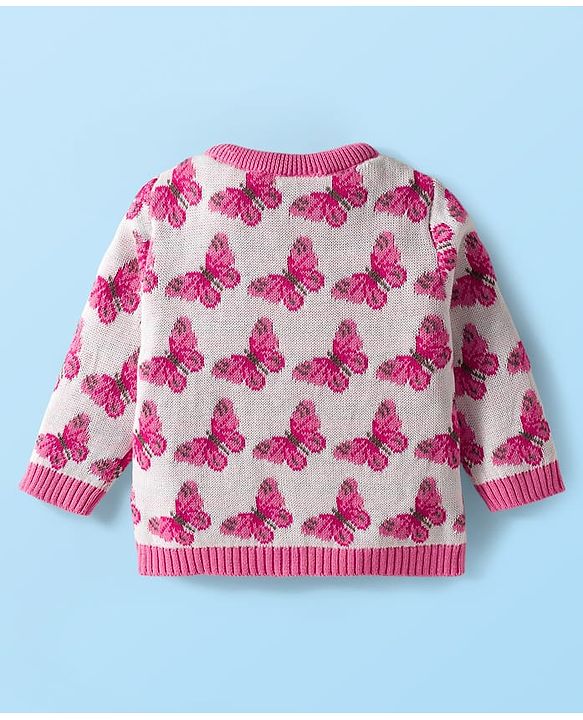 Babyhug Organic Cotton Knit Full Sleeves Front Open Sweater Set with Cap & Butterfly Design - Pink