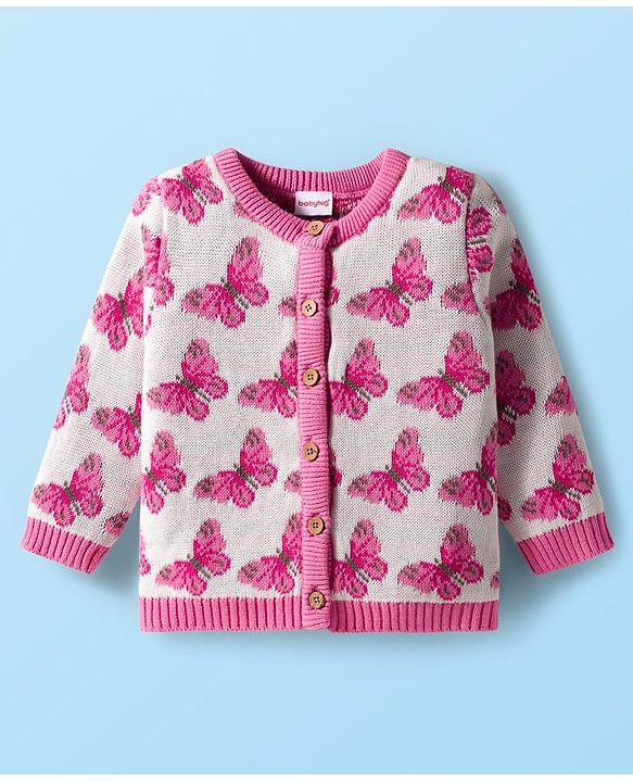 Babyhug Organic Cotton Knit Full Sleeves Front Open Sweater Set with Cap & Butterfly Design - Pink