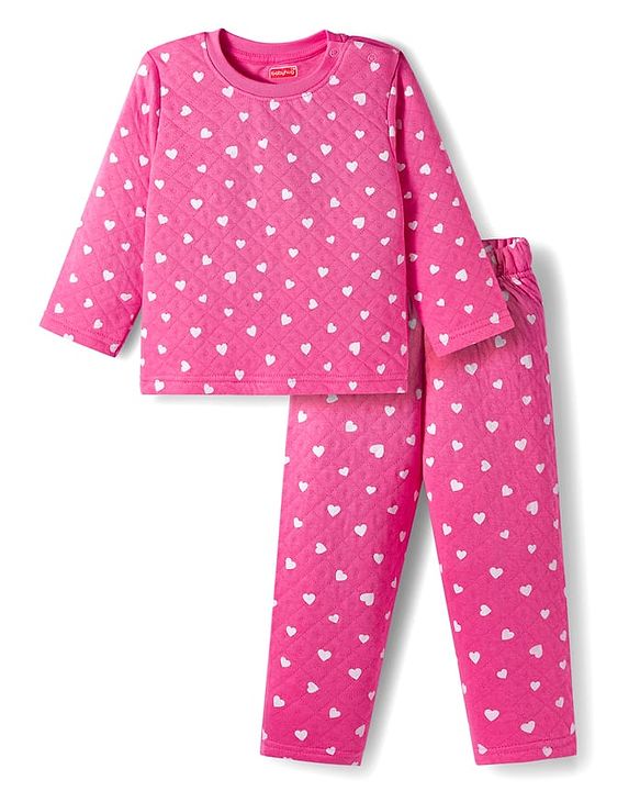Babyhug Quilted Knit Full Sleeves Co-ord Winter Night Suit With Heart Print - Dark Pink