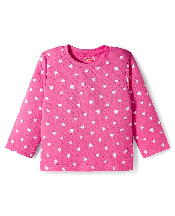 Babyhug Quilted Knit Full Sleeves Co-ord Winter Night Suit With Heart Print - Dark Pink