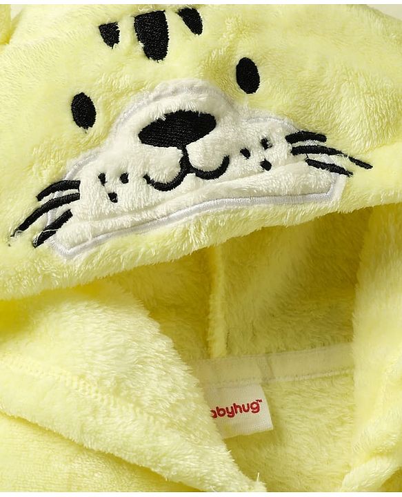 Babyhug Woven Full Sleeves Footed Winter Romper With Animal Ear Applique - Yellow