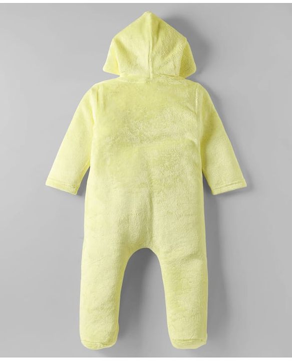 Babyhug Woven Full Sleeves Footed Winter Romper With Animal Ear Applique - Yellow