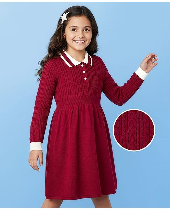 Pine Kids Knit Full Sleeves Collared Woollen Dress with Cable Knit Design - Dark Red