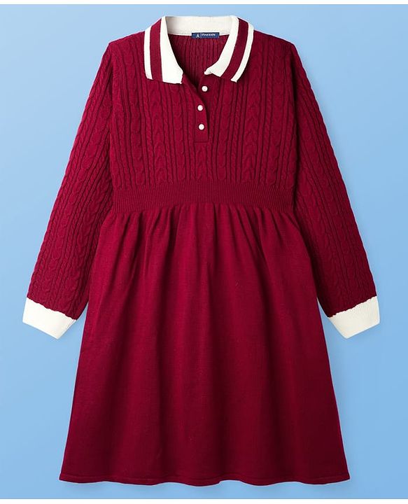 Pine Kids Knit Full Sleeves Collared Woollen Dress with Cable Knit Design - Dark Red