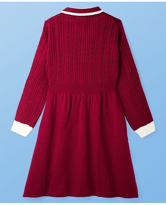 Pine Kids Knit Full Sleeves Collared Woollen Dress with Cable Knit Design - Dark Red