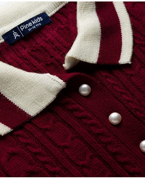 Pine Kids Knit Full Sleeves Collared Woollen Dress with Cable Knit Design - Dark Red
