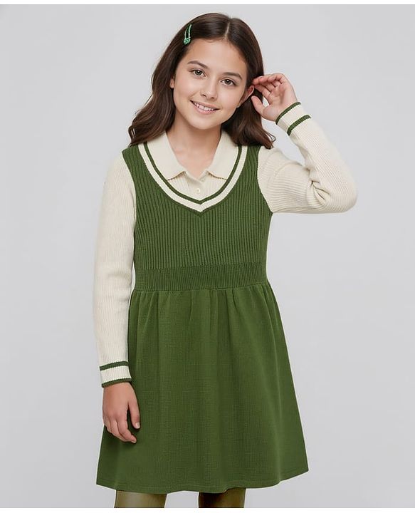 Pine Kids Knitted Full Sleeves Solid Woollen Dress - Olive Green