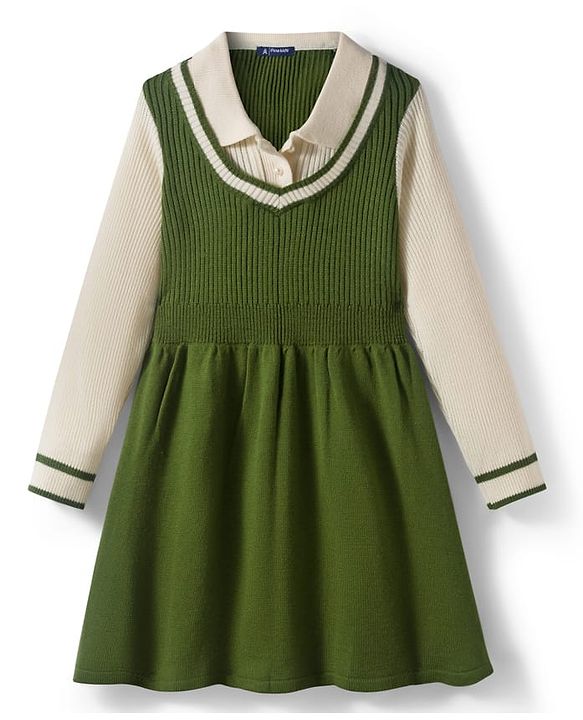 Pine Kids Knitted Full Sleeves Solid Woollen Dress - Olive Green