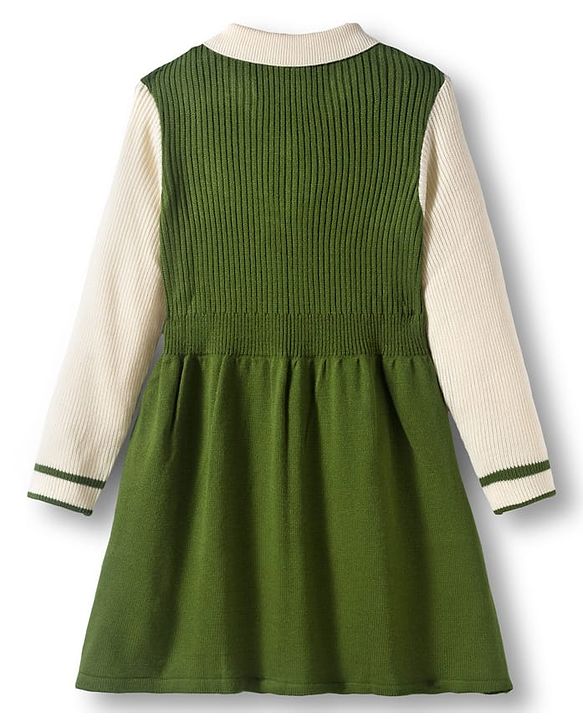 Pine Kids Knitted Full Sleeves Solid Woollen Dress - Olive Green