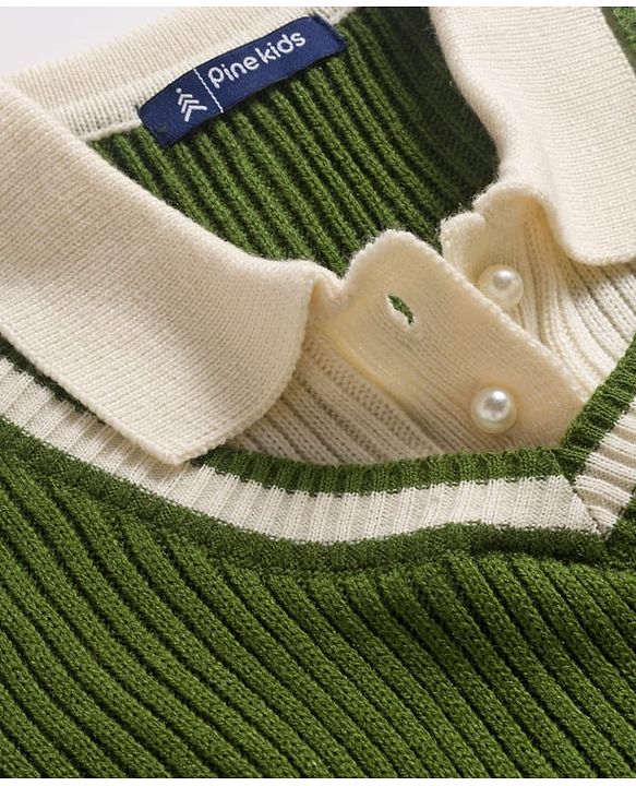 Pine Kids Knitted Full Sleeves Solid Woollen Dress - Olive Green