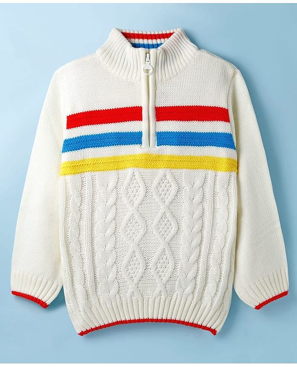 Pine Kids Knitted Full Sleeves Pullover Sweater With Cable Knit Design - White