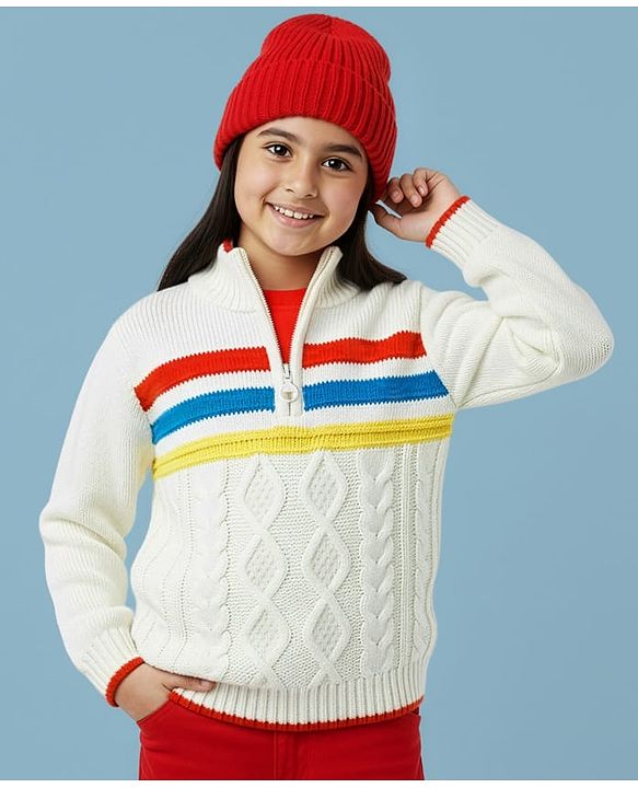 Pine Kids Knitted Full Sleeves Pullover Sweater With Cable Knit Design - White