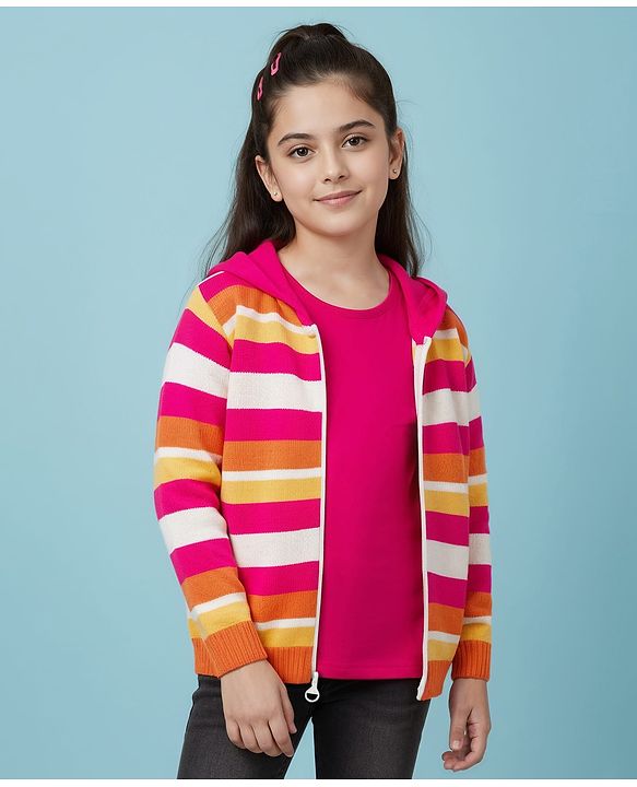 Pine Kids Knit Full Sleeves Hooded Front Open Sweater with Vest & Stripes - Multicolor