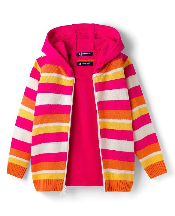 Pine Kids Knit Full Sleeves Hooded Front Open Sweater with Vest & Stripes - Multicolor