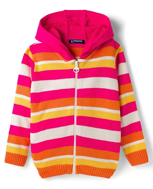 Pine Kids Knit Full Sleeves Hooded Front Open Sweater with Vest & Stripes - Multicolor