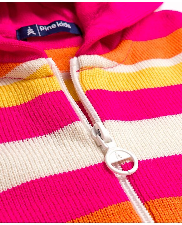Pine Kids Knit Full Sleeves Hooded Front Open Sweater with Vest & Stripes - Multicolor