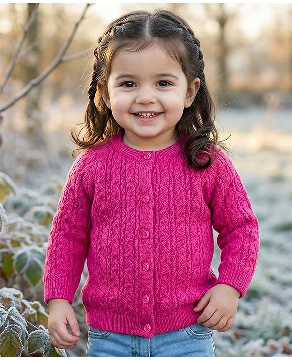 Babyhug Knit Full Raglan Sleeves Front Open Sweater with Cable Knit Design - Dark Pink