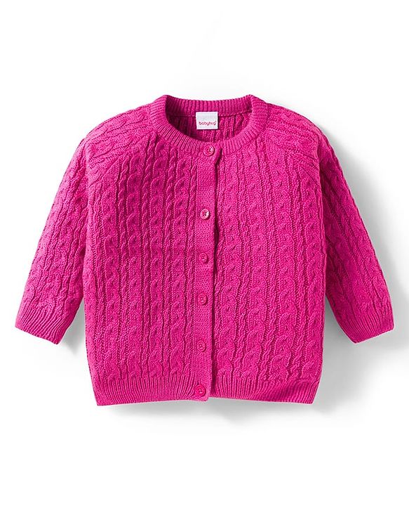 Babyhug Knit Full Raglan Sleeves Front Open Sweater with Cable Knit Design - Dark Pink
