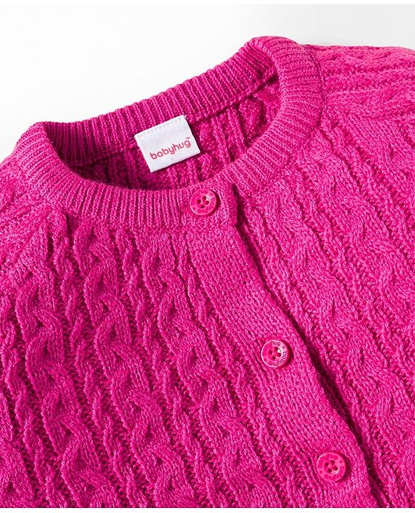 Babyhug Knit Full Raglan Sleeves Front Open Sweater with Cable Knit Design - Dark Pink