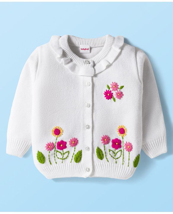 Babyhug Knit Full Sleeves Front Open Sweater with Floral Embroidery - White