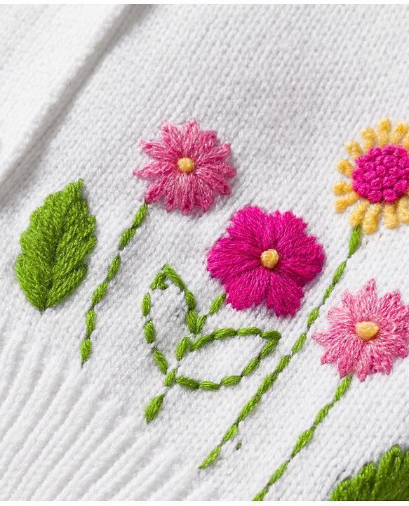 Babyhug Knit Full Sleeves Front Open Sweater with Floral Embroidery - White