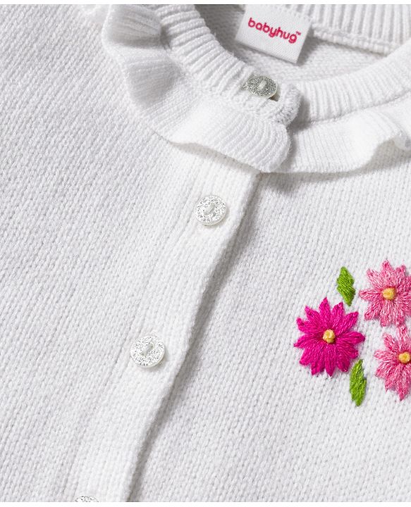 Babyhug Knit Full Sleeves Front Open Sweater with Floral Embroidery - White