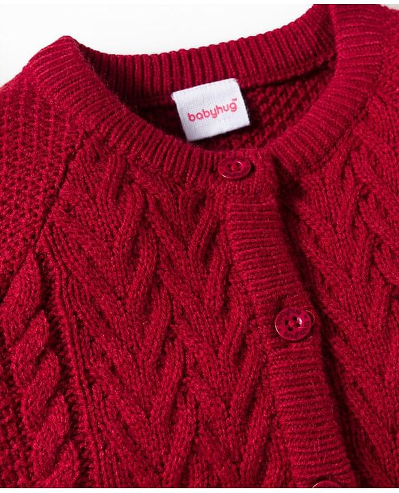 Babyhug Knit Full Raglan Sleeves Front Open Sweater with Cable Knit Design - Red
