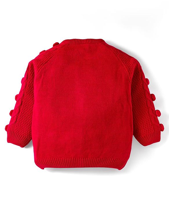 Babyhug Knit Full Raglan Sleeves Front Open Sweater with Cable Knit Design & Pom Pom Applique - Red