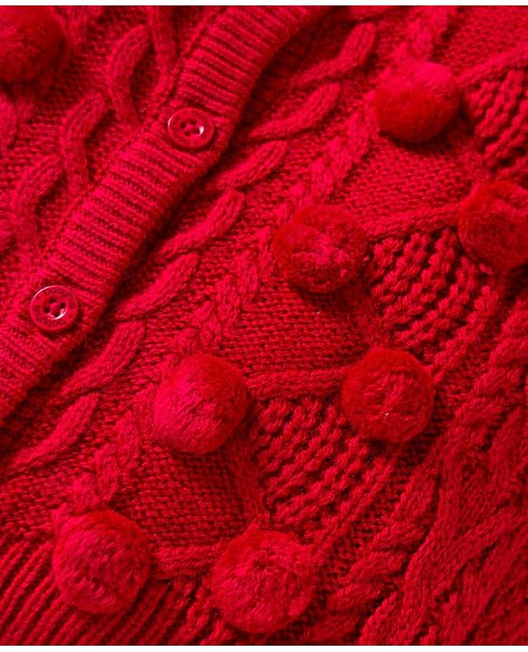 Babyhug Knit Full Raglan Sleeves Front Open Sweater with Cable Knit Design & Pom Pom Applique - Red