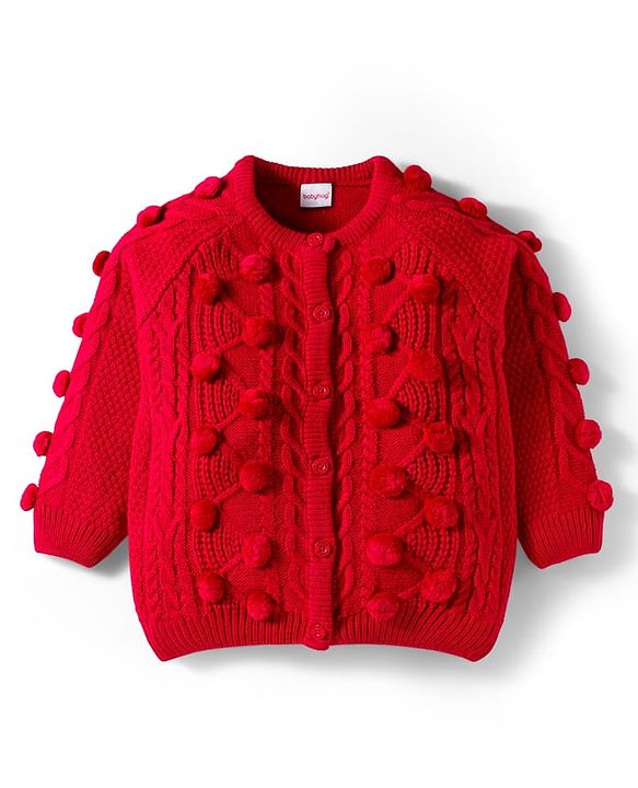 Babyhug Knit Full Raglan Sleeves Front Open Sweater with Cable Knit Design & Pom Pom Applique - Red